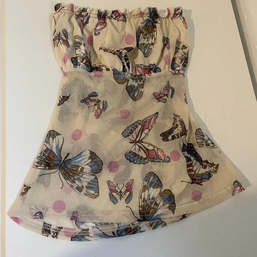 Strapless Butterfly Print Cream Tube Top